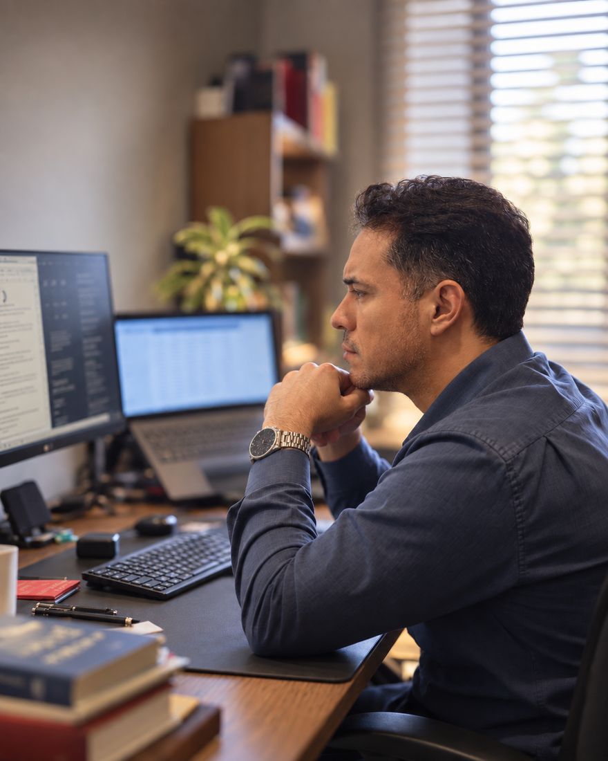 Guilherme Damasceno analisando documentos de uma empresa à mesa de trabalho